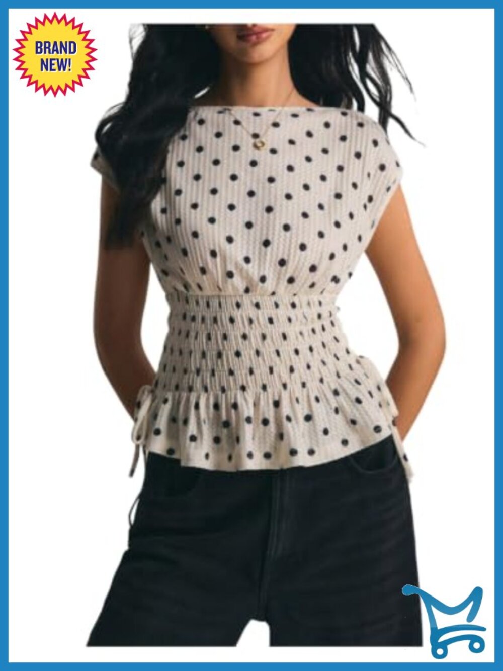 Women's Polka Dots Peplum Top Boat Neck Cinched Waist Cap Sleeve Blouse